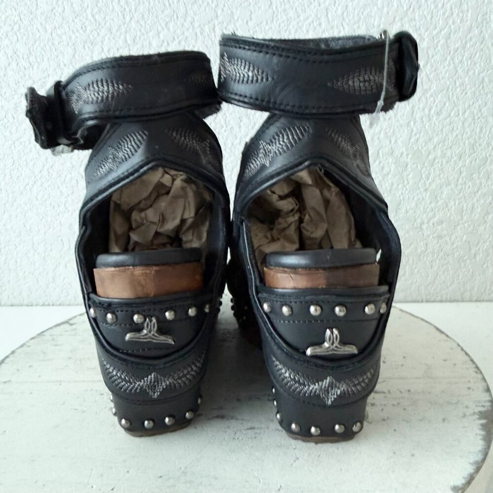 Lane Lexington Jet Black Leather Western Wedges Sandals Wood Heel Womens 7.5 - Picture 3 of 9